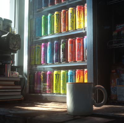 energy drink cans replacing traditional coffee cups symbolizing the rise of energy drink caffeine culture