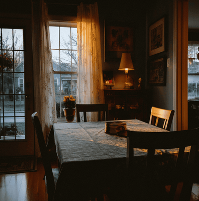 empty dining table at dusk symbolizing the decline of home cooked family dinners in America