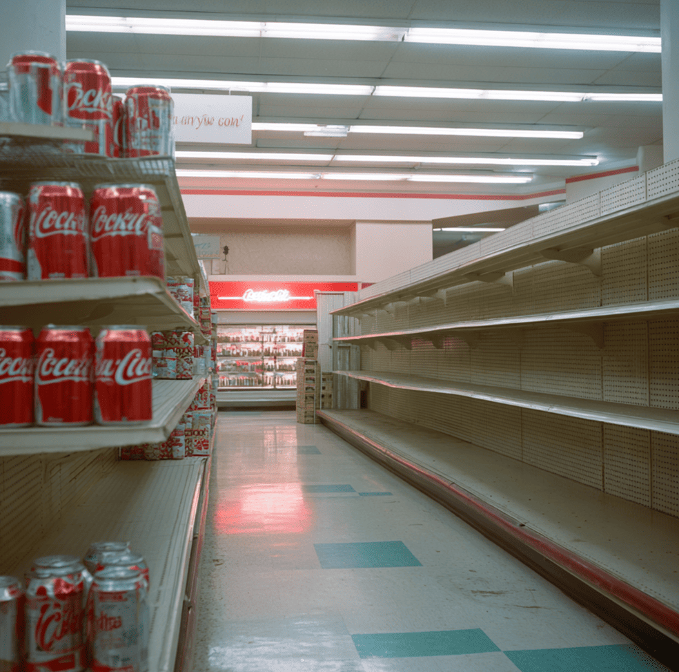 New Coke cans on a 1980s grocery store shelf illustrating the 1985 marketing failure driven by flawed market research.