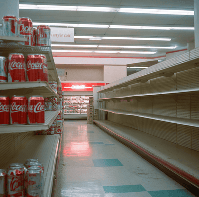 New Coke cans on a 1980s grocery store shelf illustrating the 1985 marketing failure driven by flawed market research.
