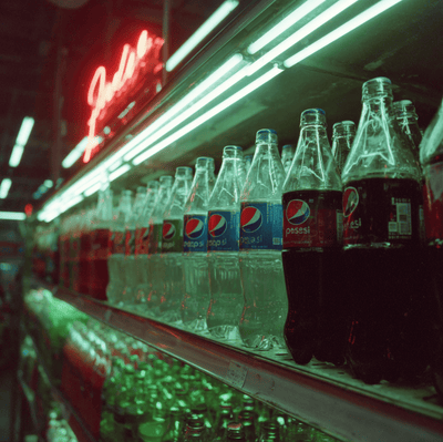 Clear Crystal Pepsi bottles on a 1990s grocery store shelf illustrating the short-lived transparent cola trend.