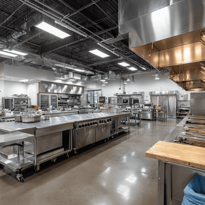 Centralized commissary kitchen preparing food in bulk for multiple restaurants, illustrating the shift away from on site cooking.