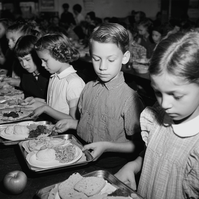 Public school cafeteria lunch trays from the mid twentieth century, illustrating the role of USDA commodity foods in school meals.