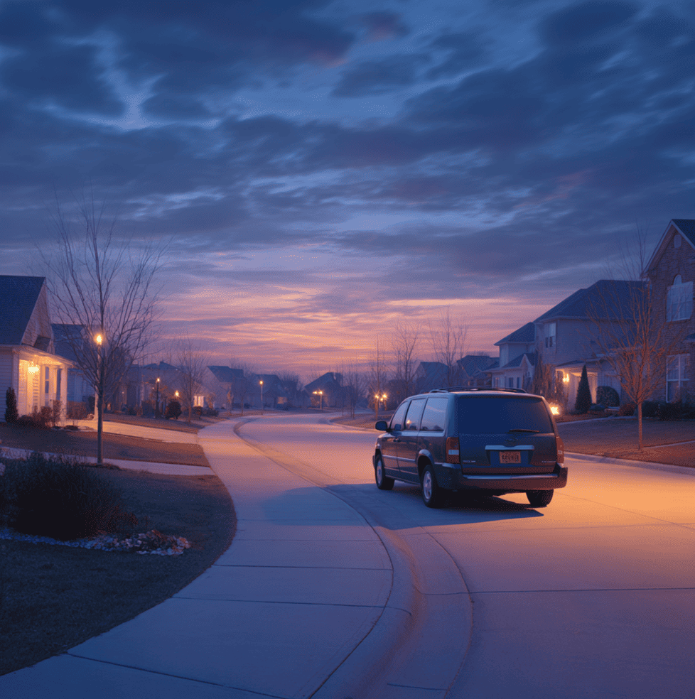 parked American minivan in a suburban driveway symbolizing practicality and cultural rejection