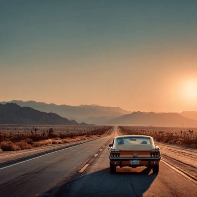 A classic mustang driving away on a highway symbolizing the decline of stick shift driving in the United States