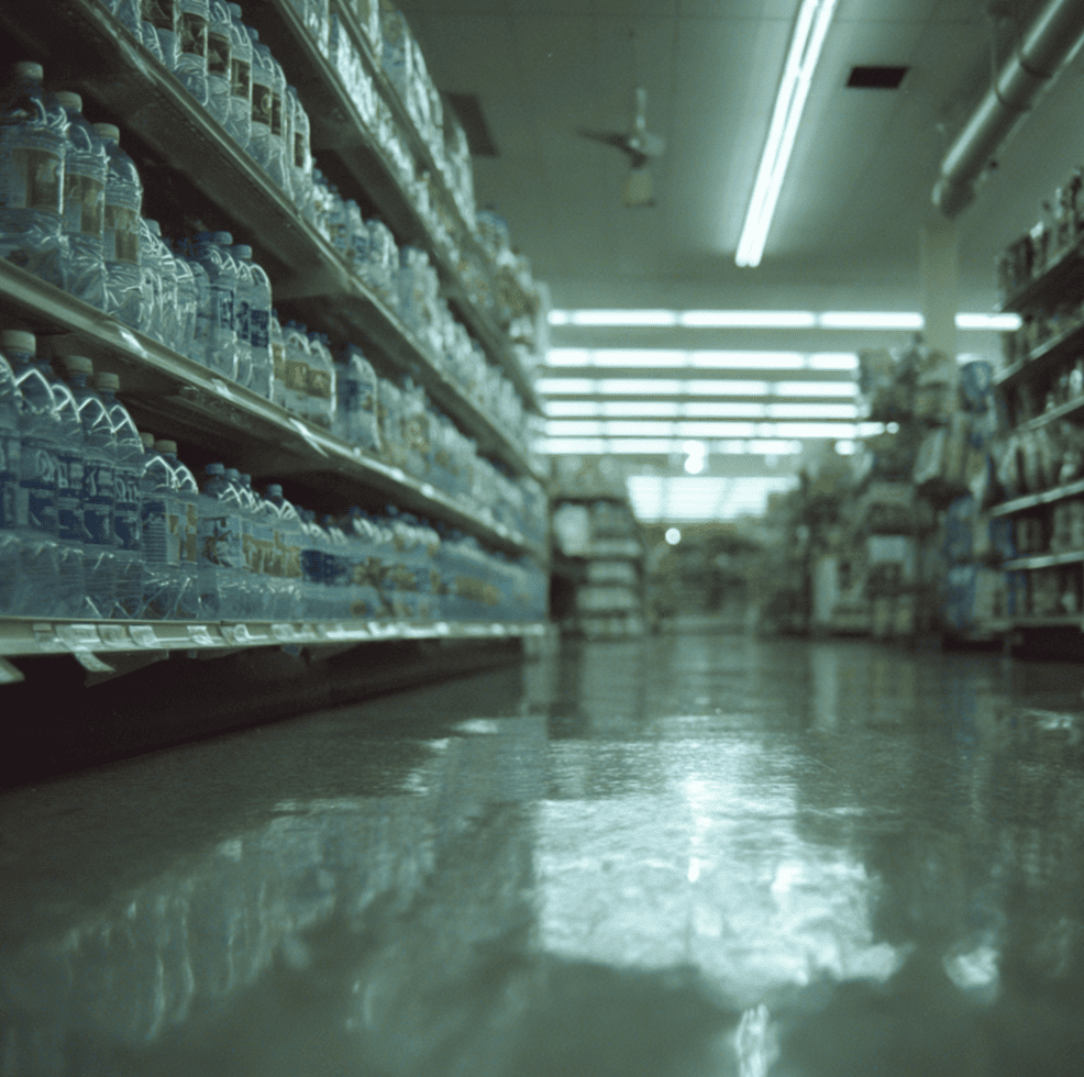 bottled water aisle symbolizing loss of public trust in municipal tap water systems