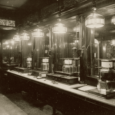 Nickel plated automat coffee dispensers pouring hot coffee in a vintage cafeteria, symbolizing the machine served brew that fueled early urban America.