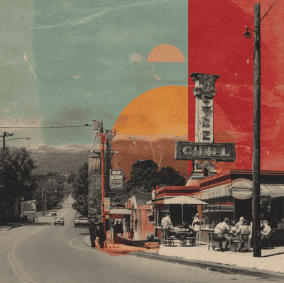 A Carolina barbecue pit and Cincinnati chili parlor contrasted with modern fast food signs, symbolizing the decline of regional American cuisines.