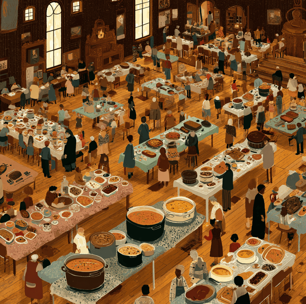 A church basement potluck table filled with homemade casseroles and desserts, symbolizing the communal tradition that shaped American food culture.