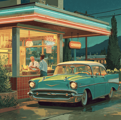 A vintage 1950s drive thru restaurant with a car at the pickup window, symbolizing the birth of American fast food culture.