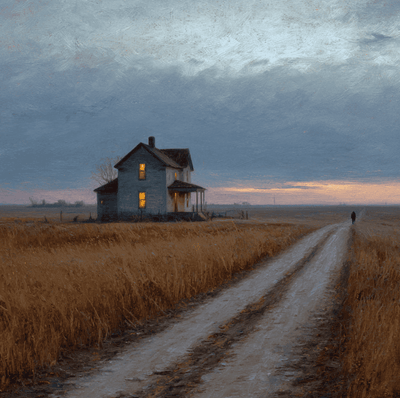 A dimly lit Kansas farmhouse at dusk along a quiet prairie road, evoking the atmosphere of the state’s famous hauntings.