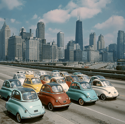 Colorful 1950s microcars lined up beside an American highway, symbolizing the brief rise and decline of the U.S. microcar movement.