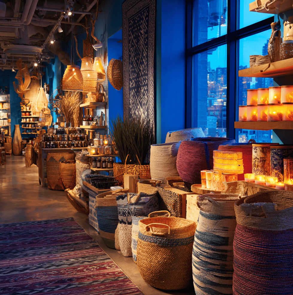 A Pier 1 style home decor display with eclectic global items, symbolizing the retailer’s rise and eventual collapse.