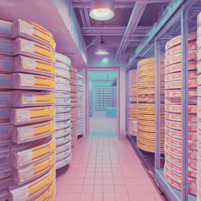 A frozen pizza factory conveyor line alongside a supermarket freezer aisle, symbolizing how industrial innovation turned pizza into an American weeknight staple.