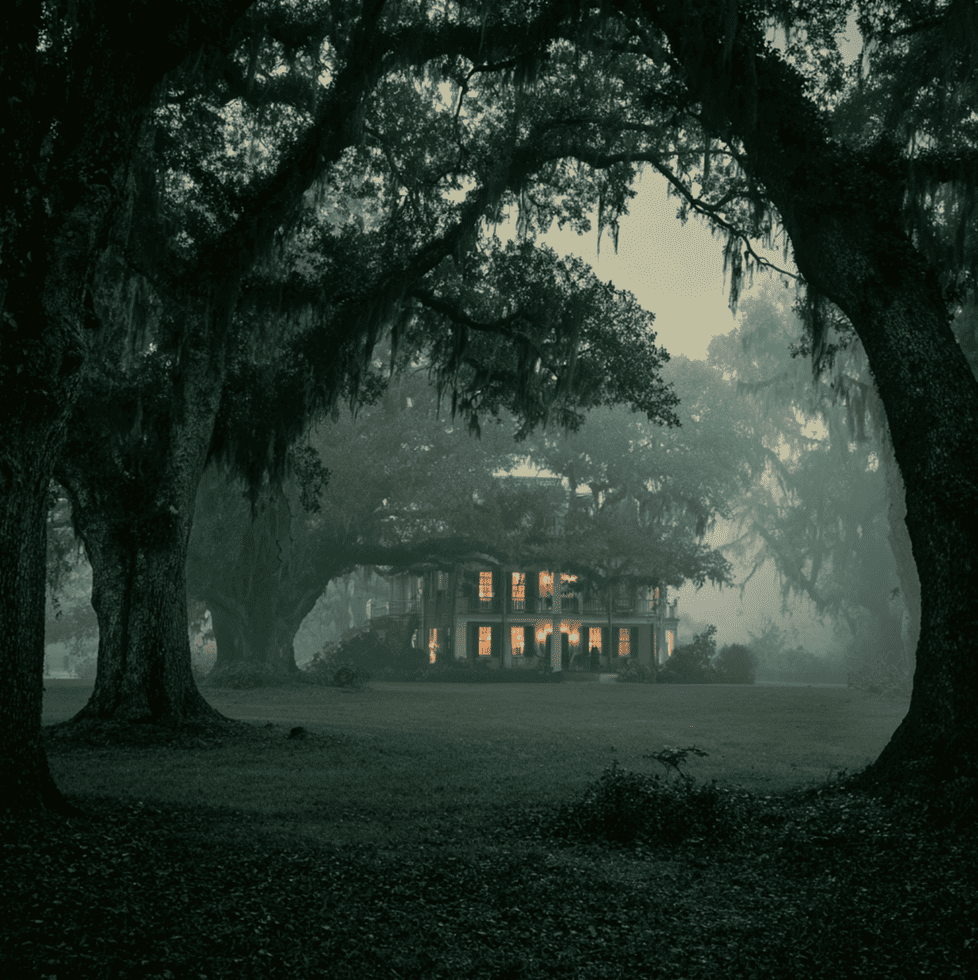 The Myrtles Plantation at dusk with moss covered oaks, evoking the atmosphere behind its famous haunting legends.