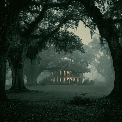 The Myrtles Plantation at dusk with moss covered oaks, evoking the atmosphere behind its famous haunting legends.