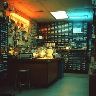A vintage RadioShack parts aisle with drawers of resistors and capacitors, symbolizing the lost DIY electronics culture.