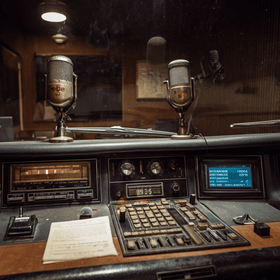 A quiet radio studio with vintage equipment beside modern digital car audio, symbolizing the decline of traditional radio advertising power.
