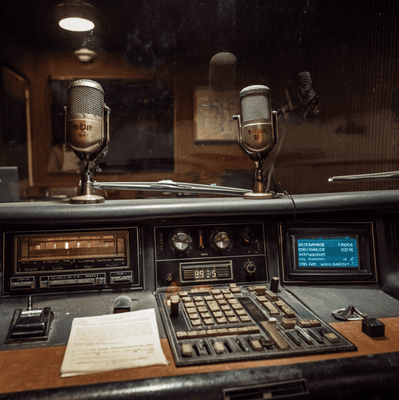 A quiet radio studio with vintage equipment beside modern digital car audio, symbolizing the decline of traditional radio advertising power.