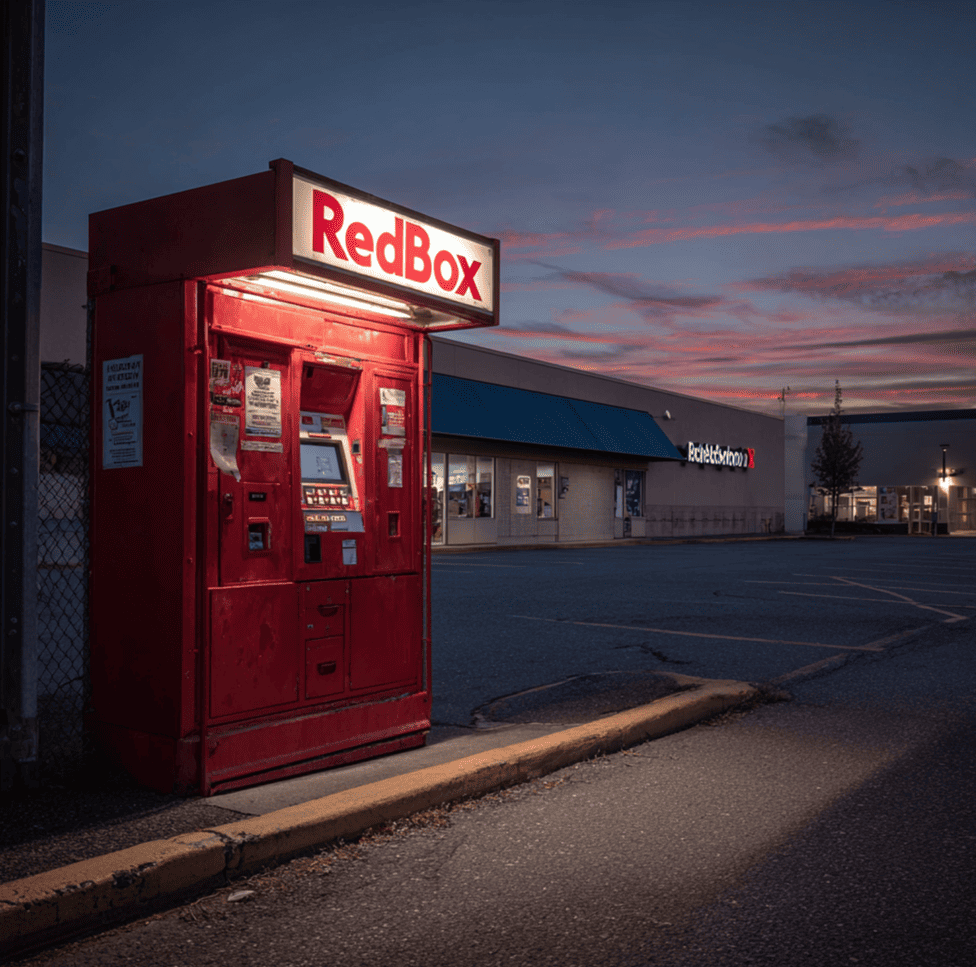 A glowing Redbox kiosk beside a shuttered Blockbuster store, representing the final battle of the video rental era.