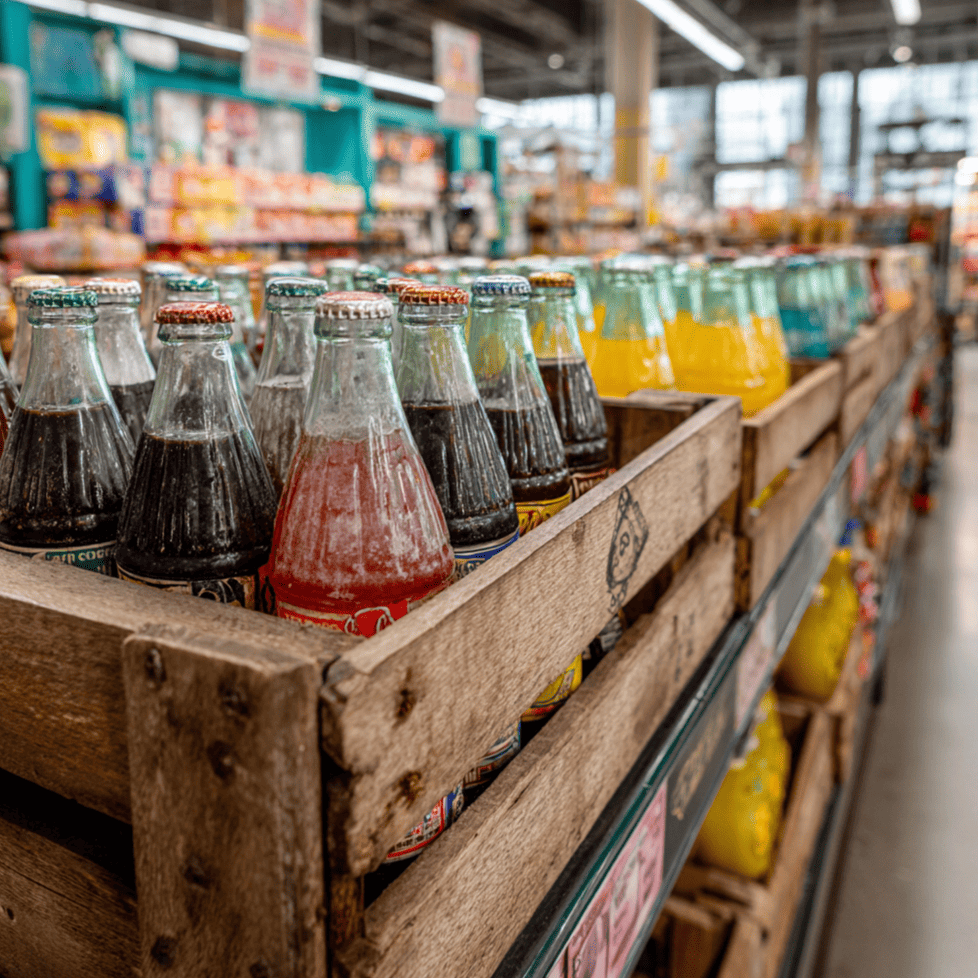 Old glass bottles from regional soda brands contrasted against a modern shelf of national sodas, showing how consolidation erased local flavors.