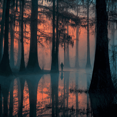 A misty Honey Island swamp with cypress trees and soft shadows, evoking the legend of the Honey Island Swamp Monster.