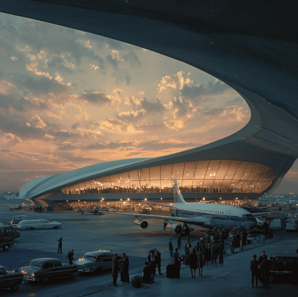 Pan Am’s Worldport terminal with its dramatic overhanging roof and a jet parked beneath it, symbolizing the rise and fall of the jet age landmark.