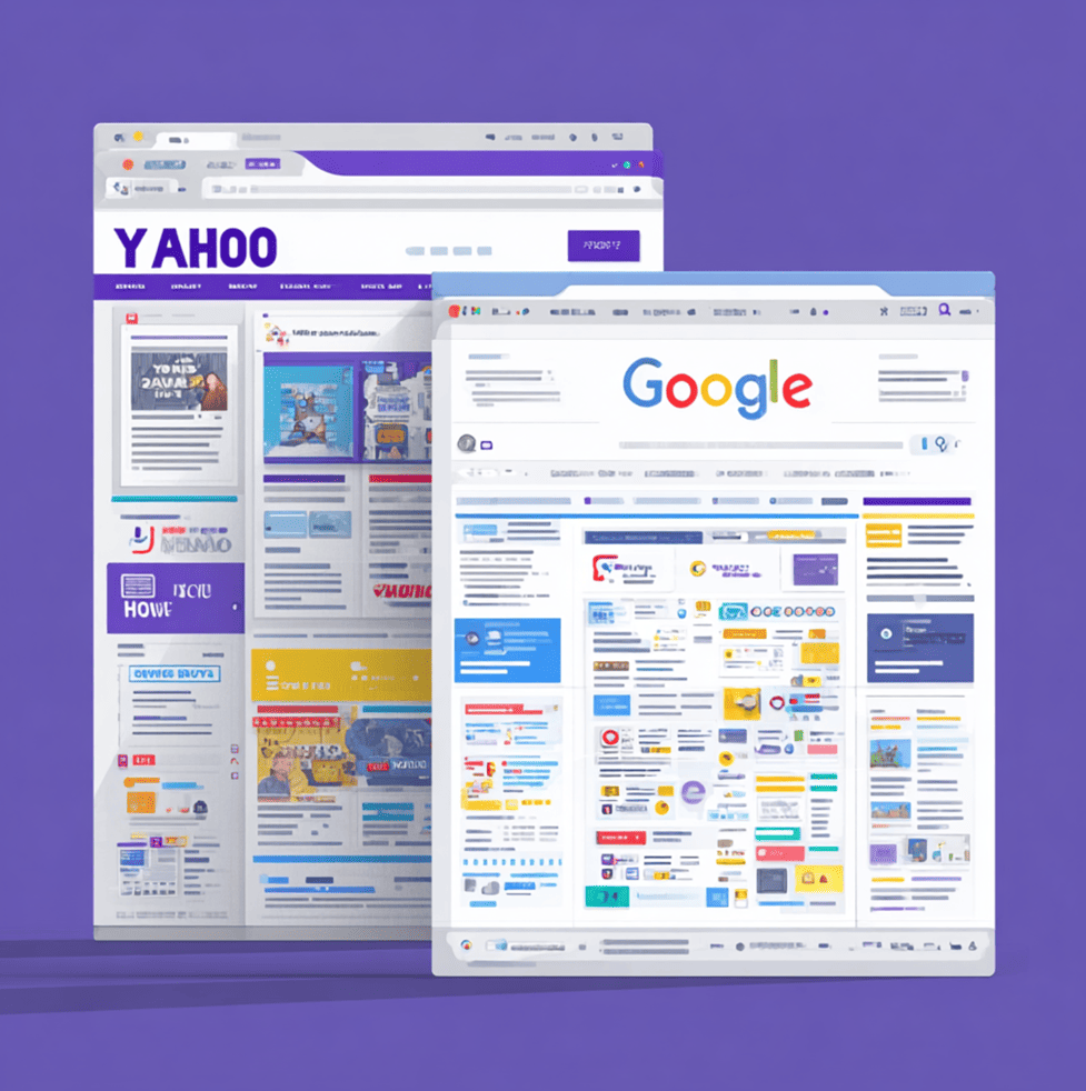 A vintage Yahoo! portal interface dissolving into a Google search page, illustrating how Yahoo! lost dominance in the evolving internet landscape.