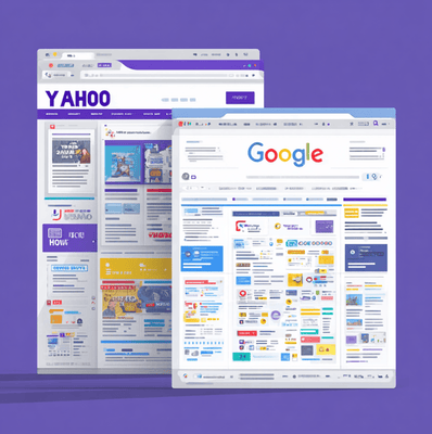 A vintage Yahoo! portal interface dissolving into a Google search page, illustrating how Yahoo! lost dominance in the evolving internet landscape.