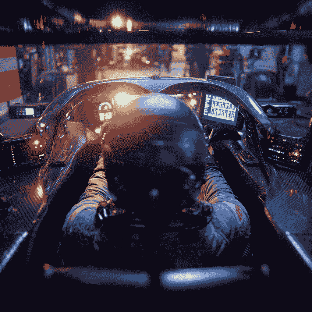 Driver seated inside a 2026 Formula 1 cockpit during garage testing.