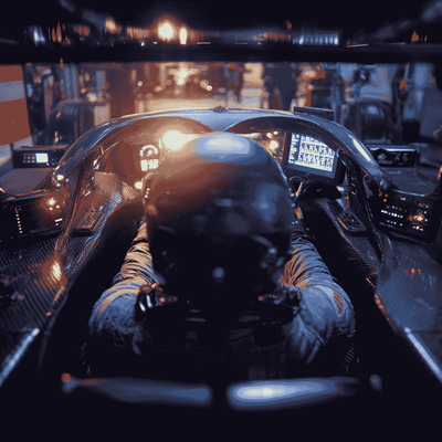 Driver seated inside a 2026 Formula 1 cockpit during garage testing.