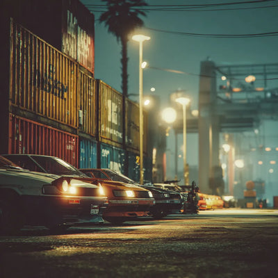  Japanese tuner cars parked in a California industrial district at dusk. 