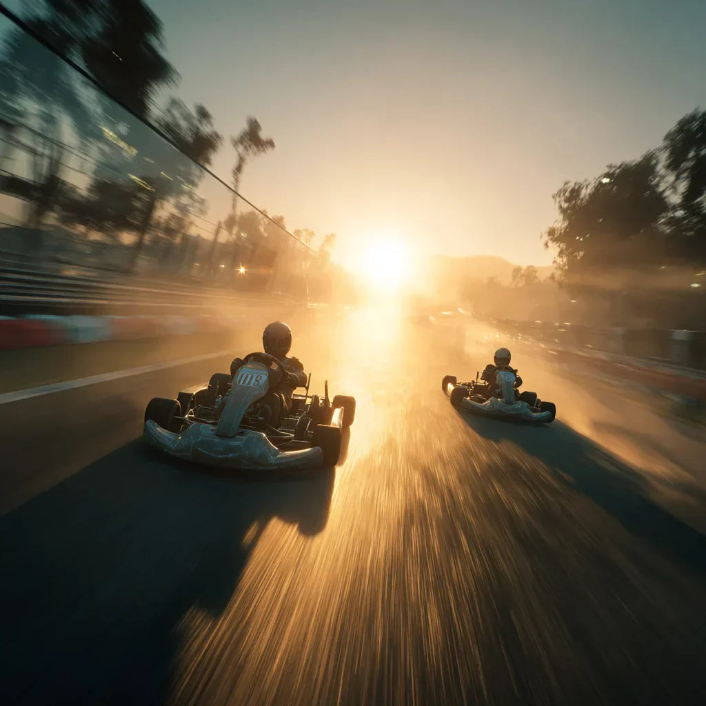 Karting drafting battle on back straight showing slipstream strategy in competitive racing.