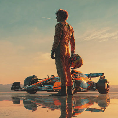 Lando Norris beside his McLaren at sunset during a Formula One race weekend.