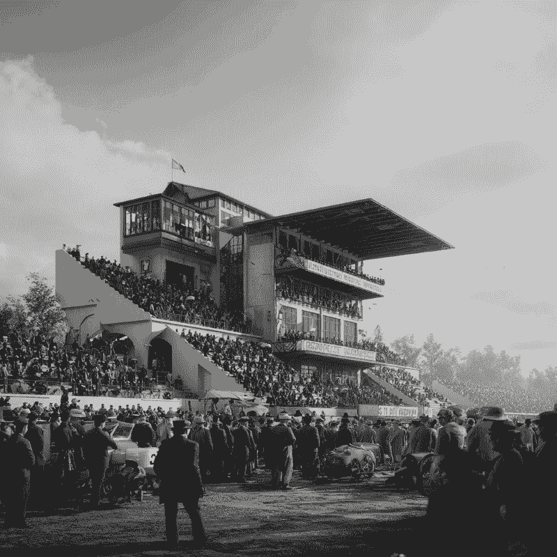 An Old Racetrack from the 1950's, people watching and walkign all over, no boundaries for anyone anywhere