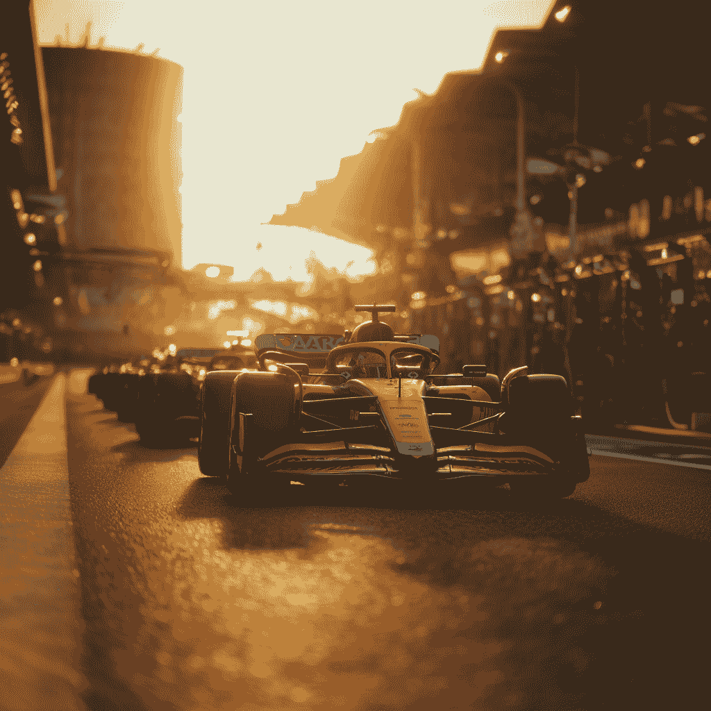 Two McLaren MCL39 F1 cars on the grid before a 2025 Grand Prix under golden light.