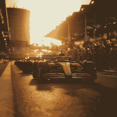 Two McLaren MCL39 F1 cars on the grid before a 2025 Grand Prix under golden light.