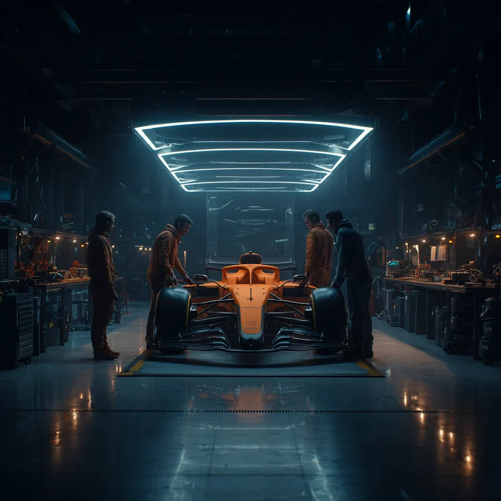 McLaren 2026 concept chassis in a workshop with team engineers.