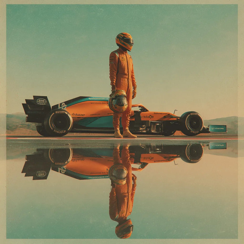 Oscar Piastri standing beside his McLaren, helmet in hand, track horizon behind him, orange and papaya reflections across the car, soft cinematic depth