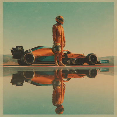 Oscar Piastri standing beside his McLaren, helmet in hand, track horizon behind him, orange and papaya reflections across the car, soft cinematic depth
