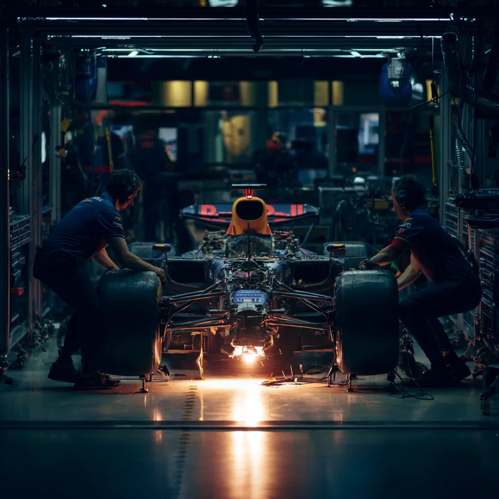 Red Bull Racing RB21 surrounded by engineers preparing the car in the garage during the 2025 season.