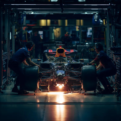 Red Bull Racing RB21 surrounded by engineers preparing the car in the garage during the 2025 season.
