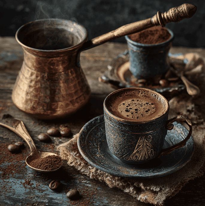 Traditional Turkish coffee brewing in a copper cezve with ultra-fine coffee grounds and rich foam — authentic Turkish grind preparation by Headcount Coffee, Texas organic coffee roastery.