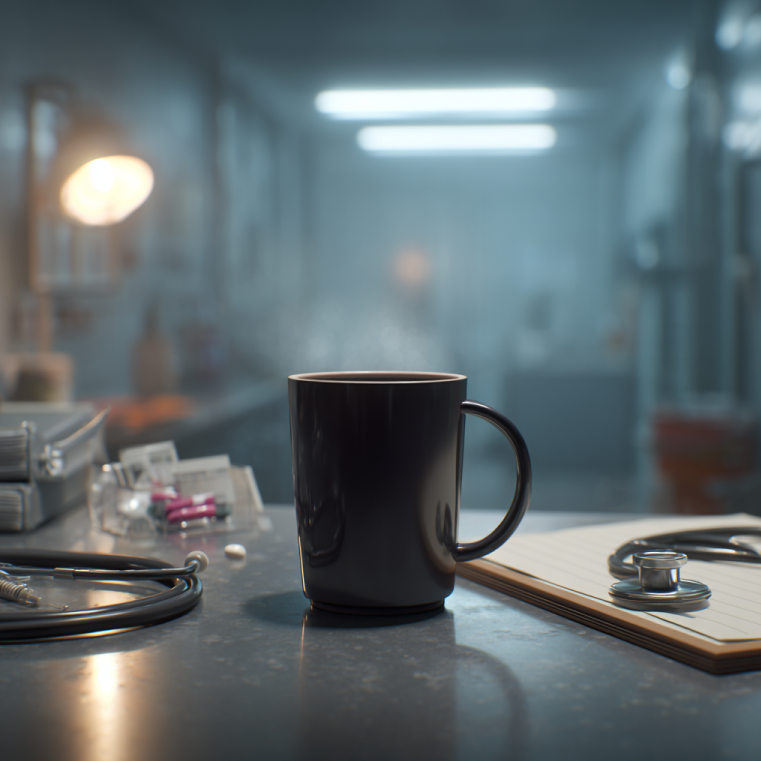coffee cup on a sterile white countertop beside a medical syringe, symbolizing jealousy and poisoning among doctors