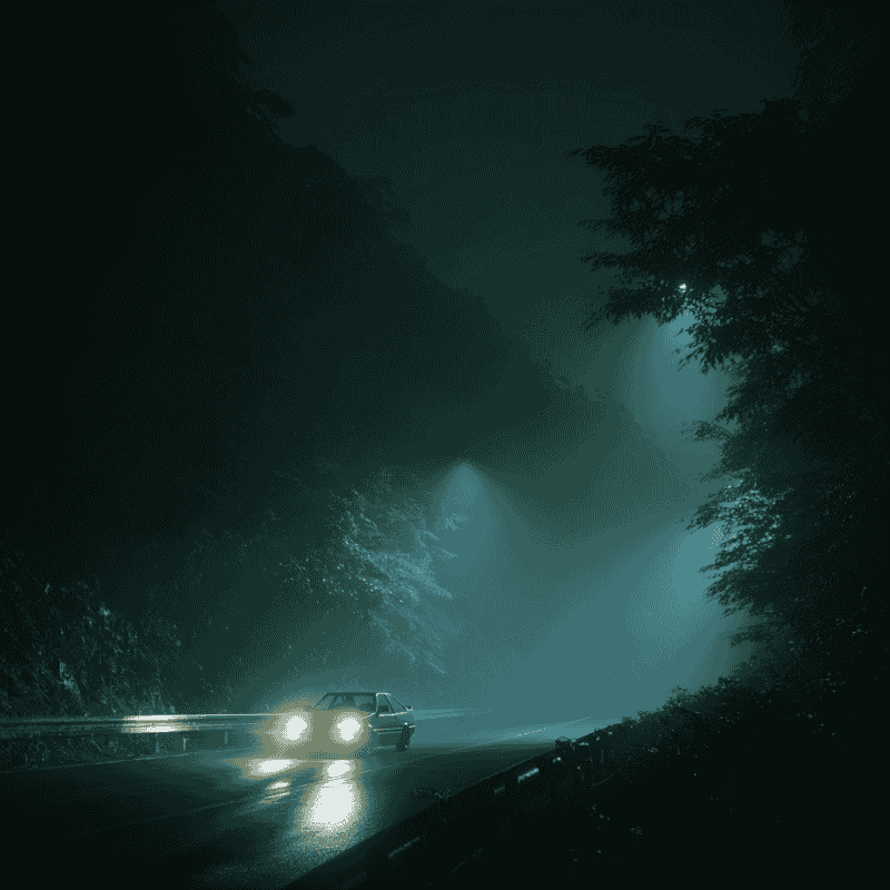 Nighttime foggy Japanese touge road with drifting car headlights and mountain atmosphere.