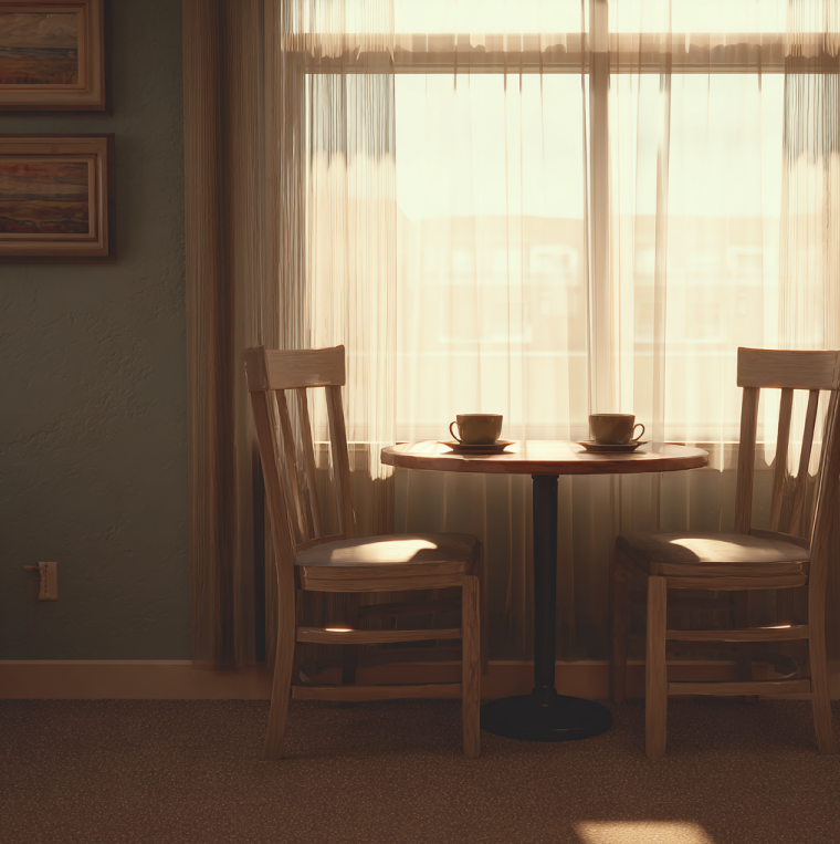 vintage retirement home kitchen with two coffee cups on a counter, morning light and a somber mood symbolizing tension and regret