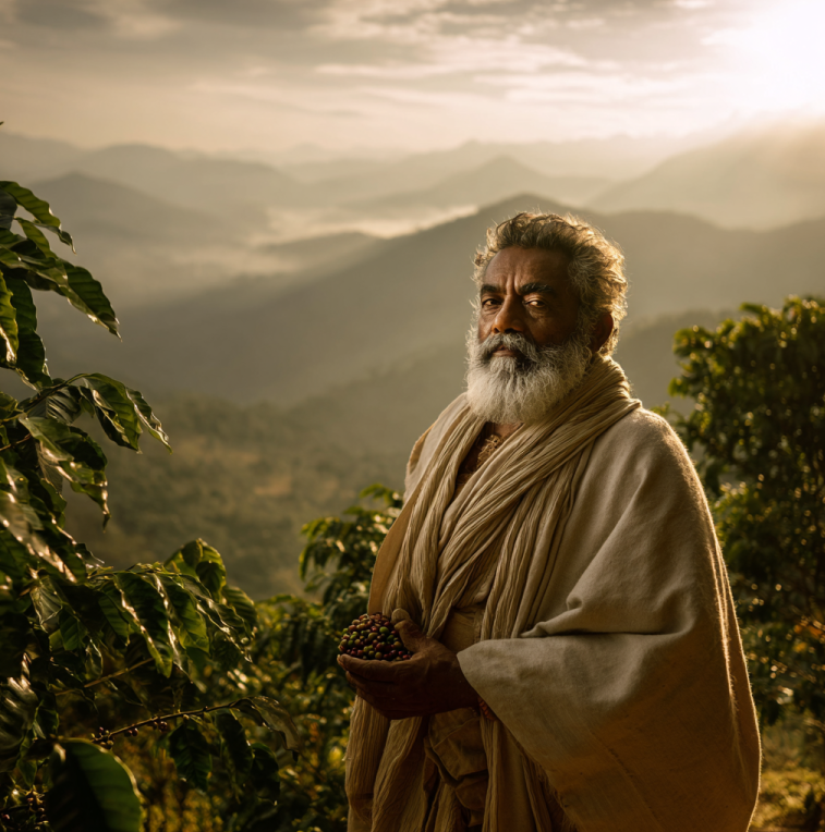 illustration of Baba Budan, a Sufi saint smuggling coffee beans from Yemen to India, origin of Indian coffee