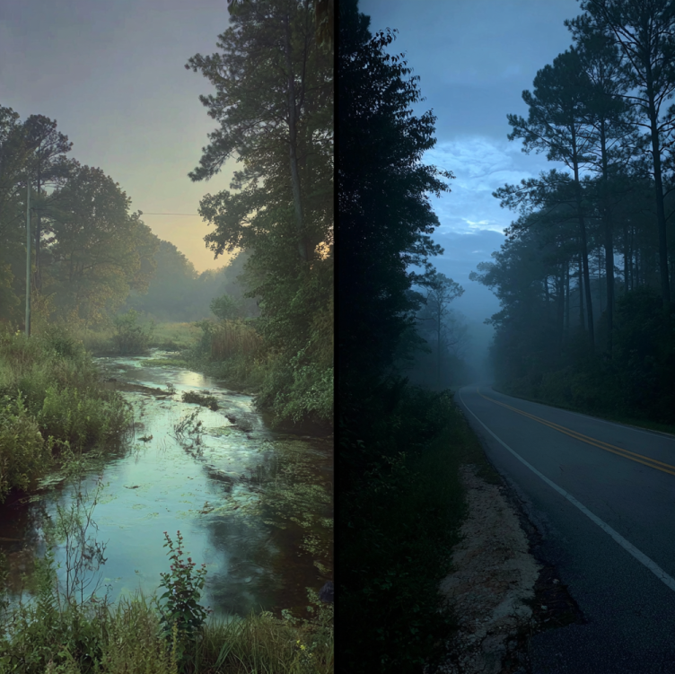 summer creek in Missouri with distant upright silhouette midstream; dusky South Carolina pines on the right; subtle suggestion of wood knocks and road crossing