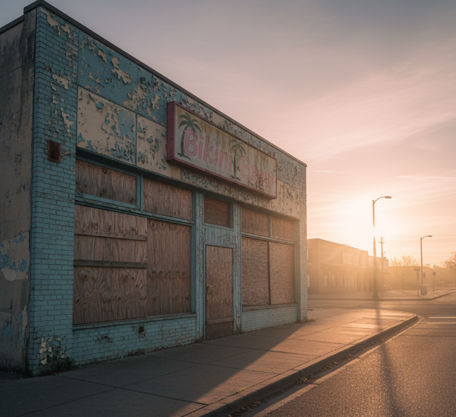 empty small-town coffee shop with a faded sign reading Bikini Brew, broken windows and boarded door, overcast sky above