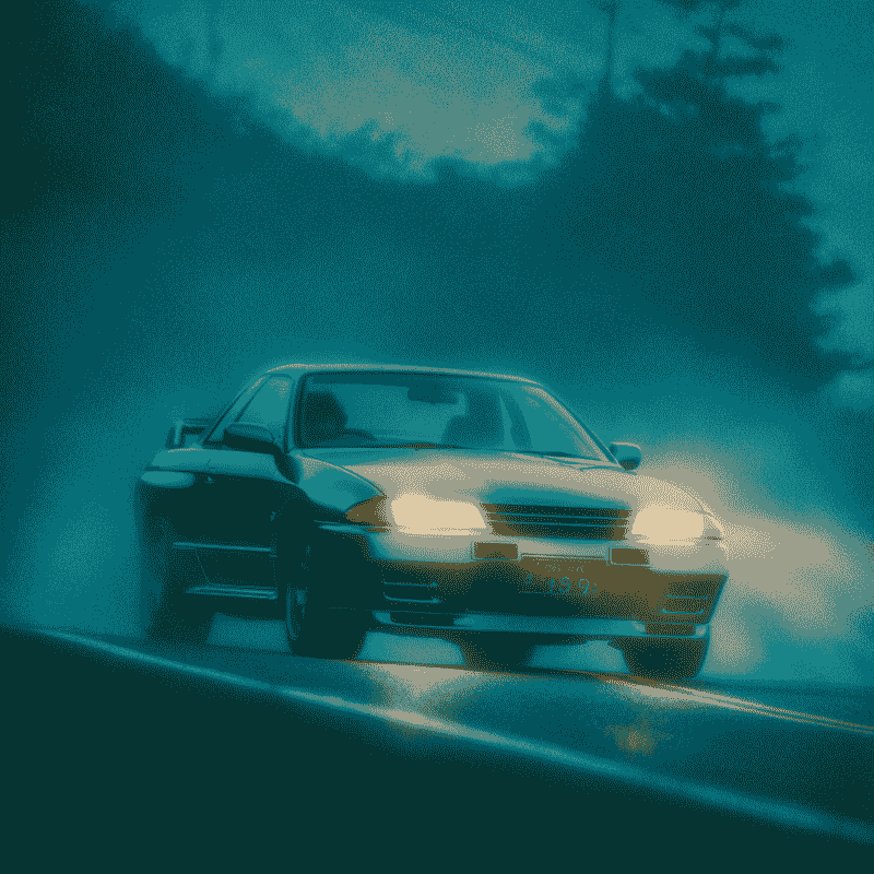 R32 Skyline GT-R driving at dusk on Japanese highway, atmospheric motorsport scene.